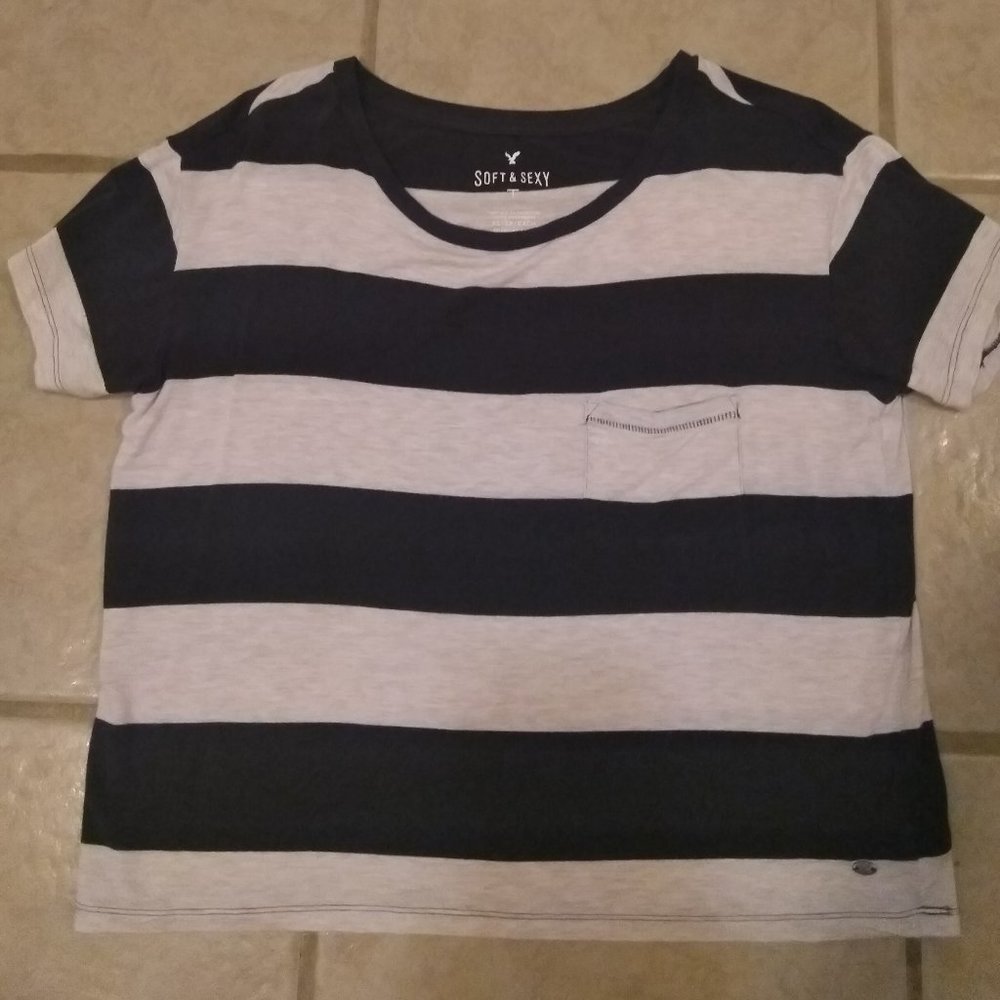 American Eagle blue/grey striped top size XS